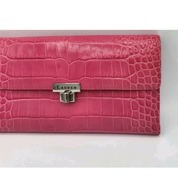 Ralph Lauren Hot Pink Embossed Leather Wallet Removeable Checkbook EUC - Picture 3 of 7